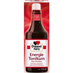 Eine Flasche Doppelherz Energie Tonikum für Herz und Kreislauf steht vor rotem Hintergrund.
