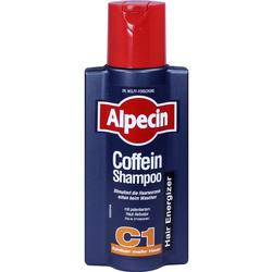 Eine Flasche Alpecin Coffein Shampoo mit rotem Deckel.