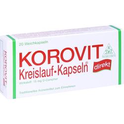 Eine Packung Korovit Kreislauf-Kapseln mit 20 Weichkapseln.