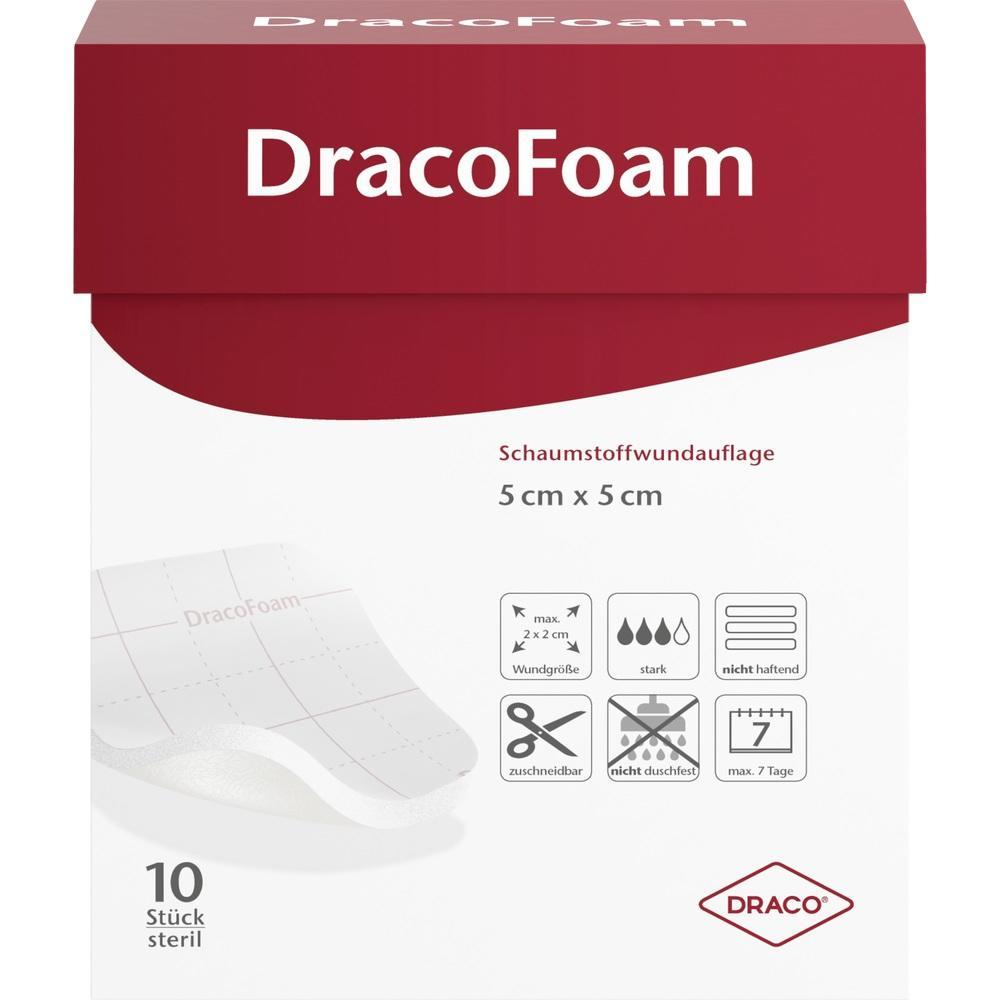 Verpackung einer Schaumstoff-Wundauflage von DracoFoam, 5 cm x 5 cm, 10 Stück.