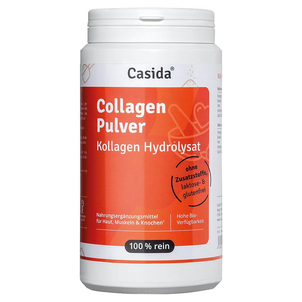 Weiße Dose mit rotem Etikett, darauf steht "Collagen Pulver" und "100% rein".
