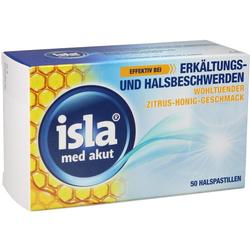 Eine Packung isla med akut Halspastillen mit Zitrus-Honig-Geschmack.