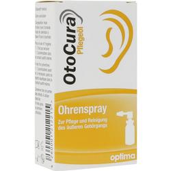 Eine gelb-weiße Packung Ohrenspray mit Ohr-Symbol und Sprühflasche.